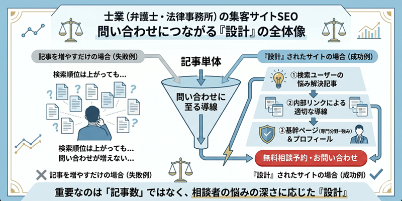 弁護士・法律事務所の集客サイトSEOの全体像。記事を増やすだけの失敗例と、悩み解決記事から内部リンク・基幹ページを経て問い合わせにつなげる設計の成功例を対比した図
